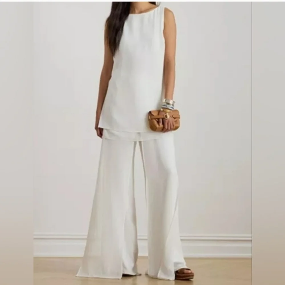 NWT Wide-Leg High Waisted Chiffon Trim White Pants Womens